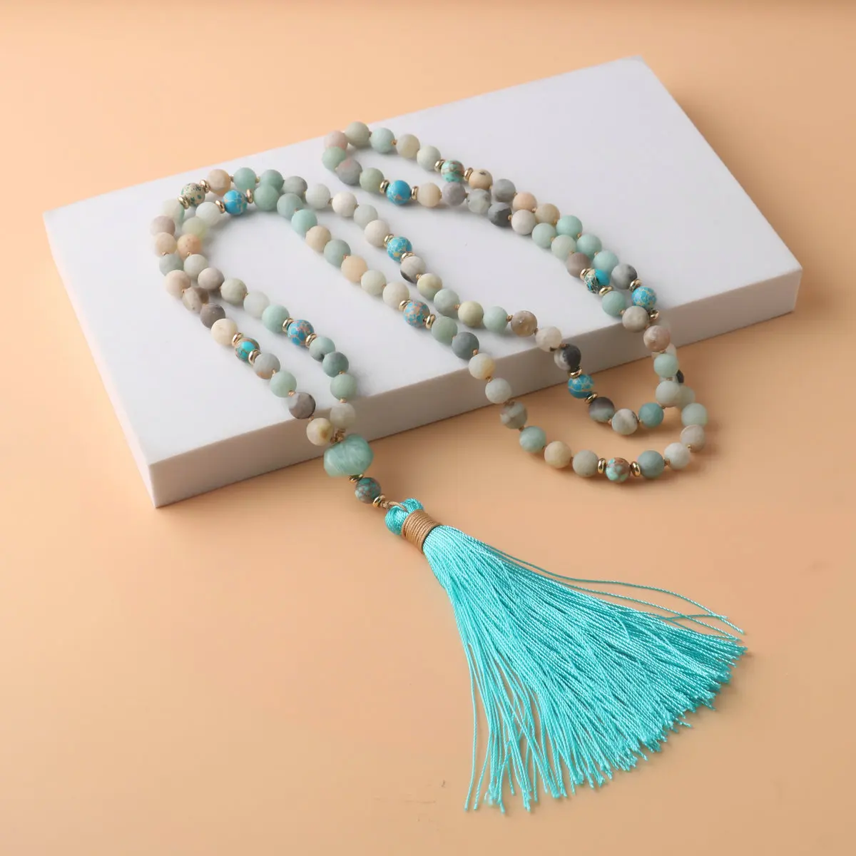 108 Japa Mala Necklace For Women Men Natural Stone Amazonite Beads Tassel Yoga Energy Meditation Necklace Blessing Jewelry