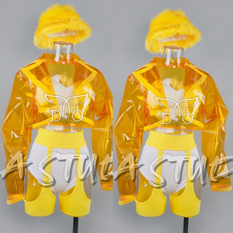 

New Yellow Transparent Coat Sexy Pole Dance Clothing Women Gogo Costumes Stage Jazz Outfits Bar Nightclub Dj Ds Rave Wear Set