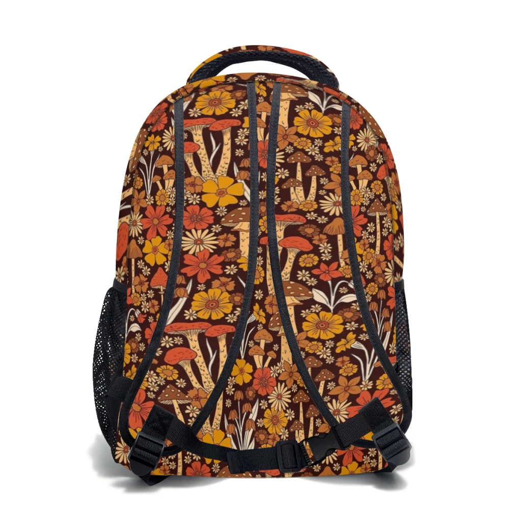 Mochila escolar de grande capacidade cartoon para meninas, mochila estudantil retrô, cogumelos e flores laranja marrons, década de 1970, 17"