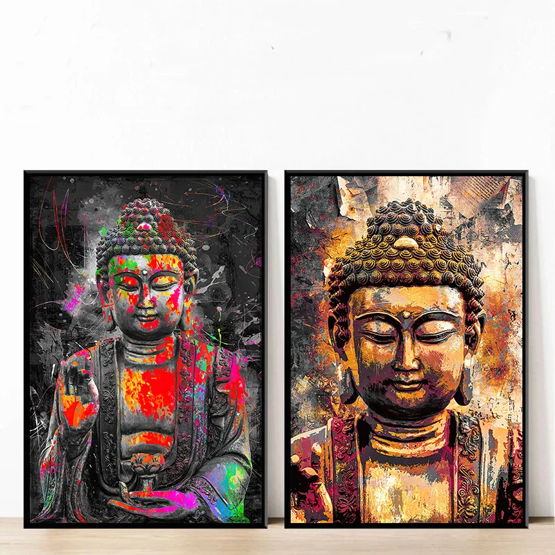 Buddha Lord Took A Graffiti Bow – Abstract Religious Scandinavian Frameless Canvas for Living Room Wall Art Decor