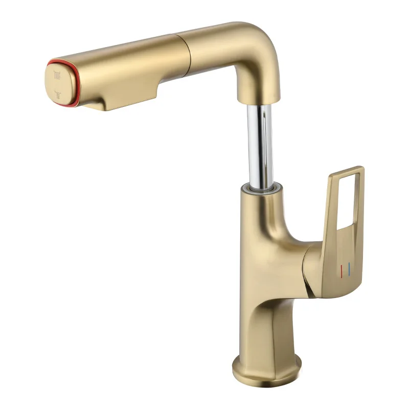 

​​Brushed Gold Pull Down Vessel Single Hole Bathroom Sink Faucet With Lift Spout Dual Spray Modes​