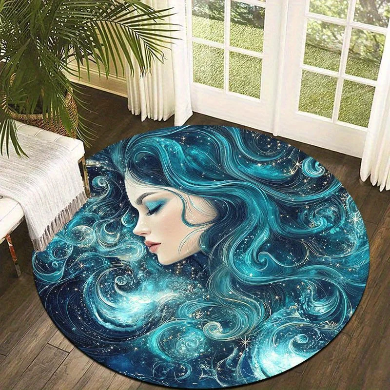 

2D Flat 1pc Mystical Galaxy Woman Round Floor Mat, Lightweight NonSlip Machine Washable, Home Decoration, Serene and Dreamy Atmo
