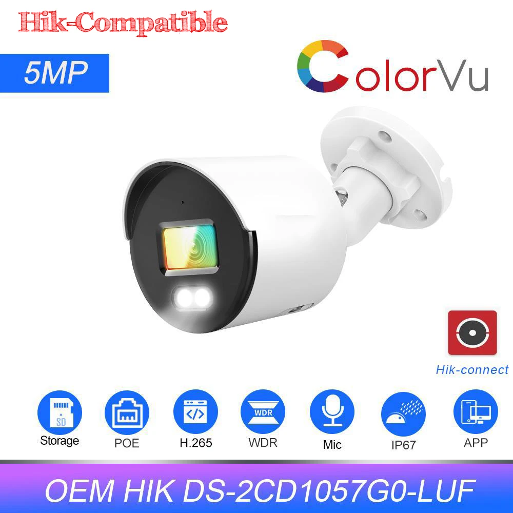 

HIK OEM 5-мегапиксельная IP-камера Colorvu Встроенный микрофон Слот для SD-карты Обнаружение движения IP-камера наблюдения HIK-Connect p2p View