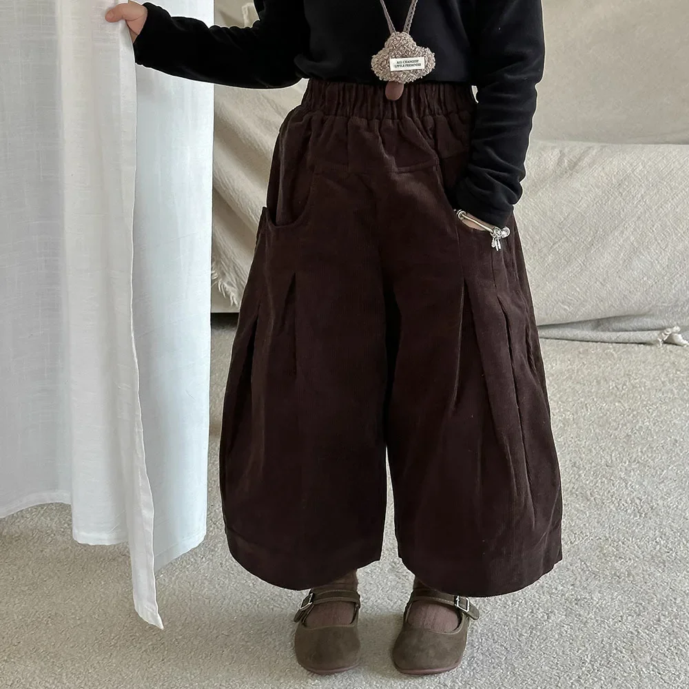 Girl Baby Versatile Velvet Plus Velvet 9-Cent Pants 2024 Winter Girls' Corduroy Wide Leg Pants Bellbottom Pants