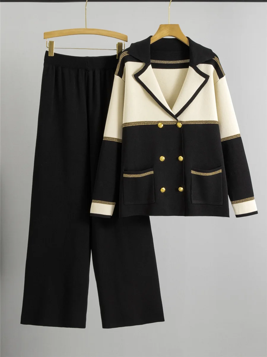 Korean Design Knitted 2 Piece Sets Women Lapel Neck Double Breasted Knitwears Sweater Cardigan Conjuntos High Waist Pants Outfit