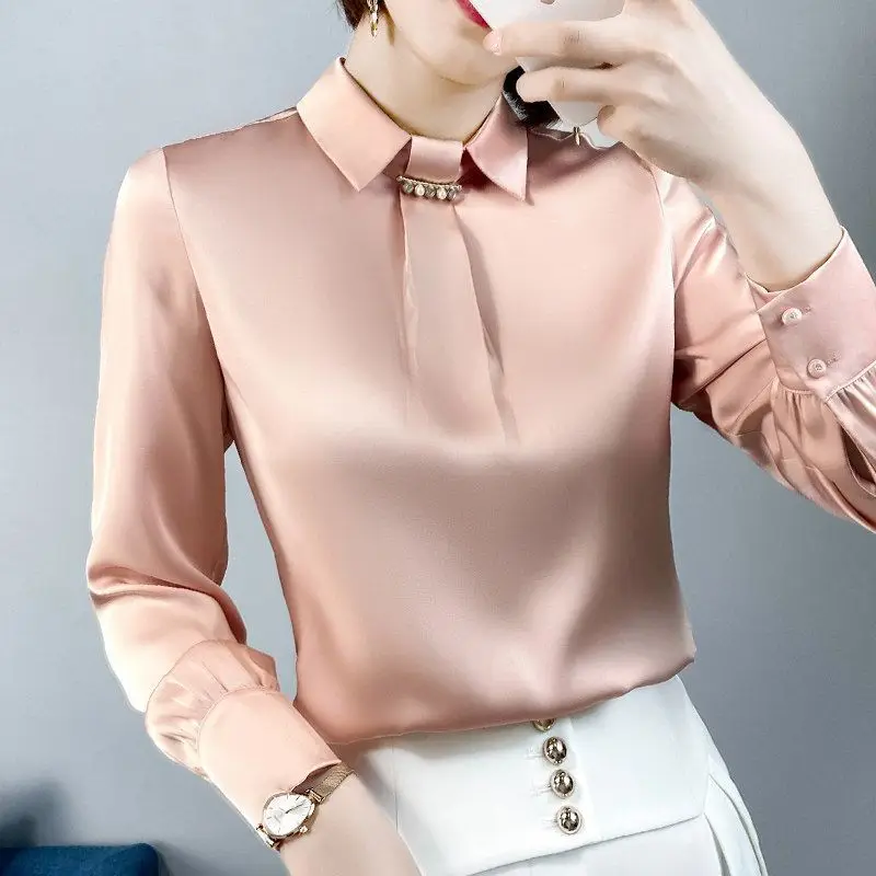 Yellow Beading Stain Shirt Spring Summer Fashion Blouse 2023 Long Sleeve Turn Down Collar Shirt for Female Korean Elegant Shirt