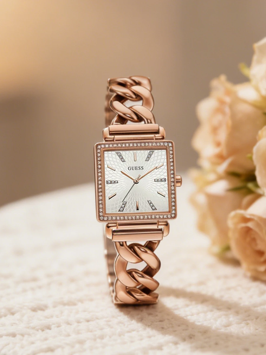 Reloj de pulsera GUESS Vanity para mujer W1030L4, reloj de pulsera de cuarzo de acero inoxidable con esfera cuadrada de oro rosa de lujo para mujer