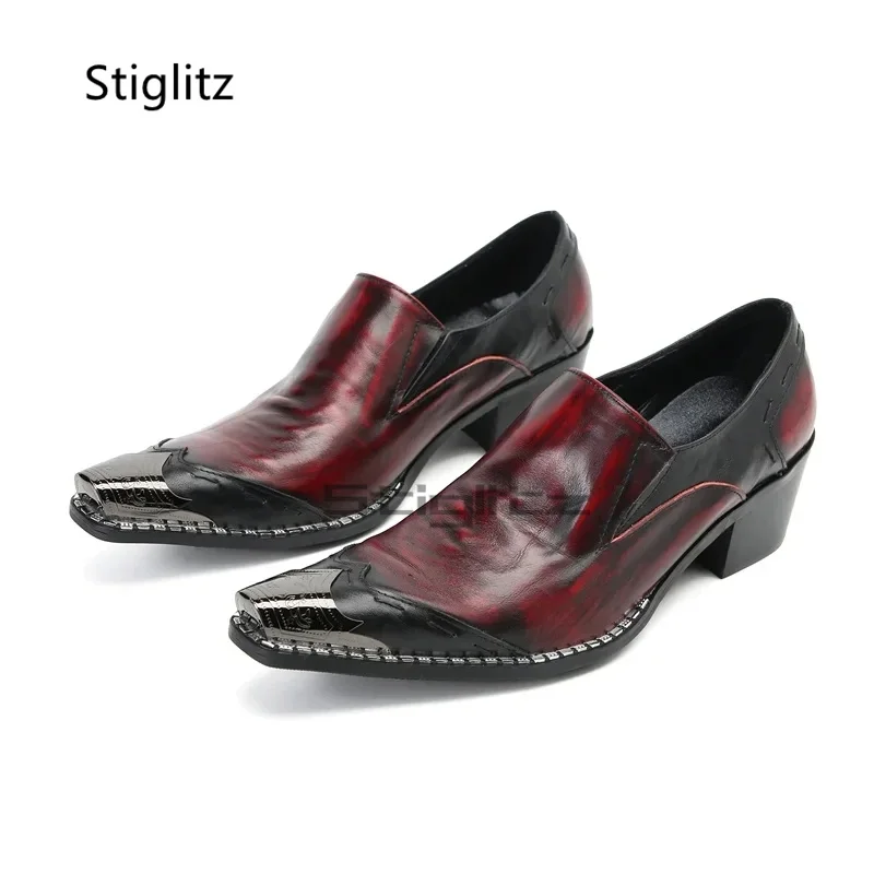 

Metal Toe High Heels Casual Business Shoes for Men Red Black Mixed Colors Genuine Leather Slip On Party Wedding Formal Shoes