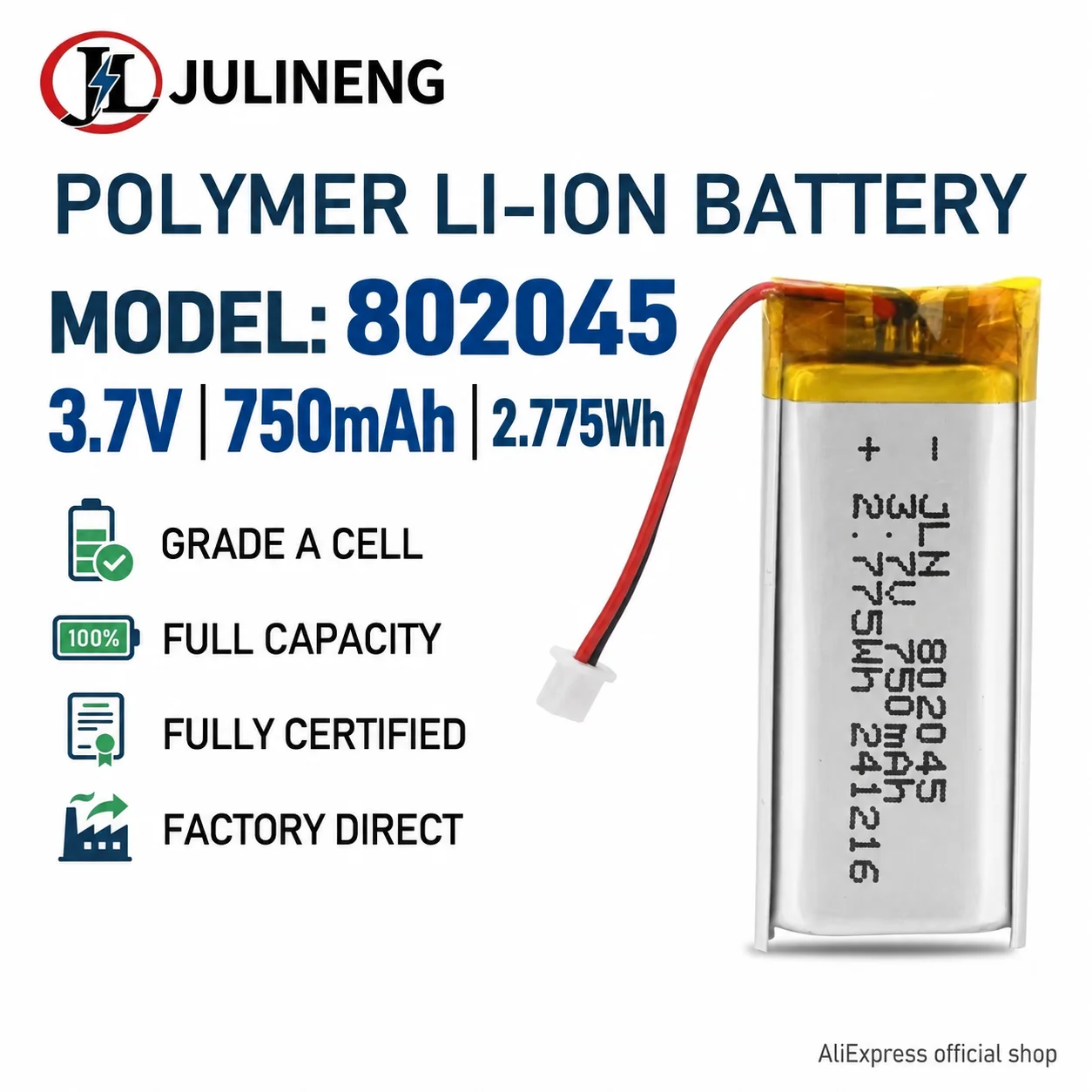 802045 3.7V 750mAh Polymer Li-Po Battery With PH 2.0 Plug For GPS Tracker Bluetooth Speaker MP3 MP4 Wearable Devices