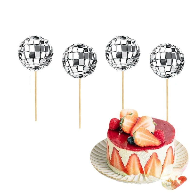 

12 Pcs DISCO Mirror Ball Cake Card Insertion Christmas Ball Birthday Party New Year Weddings Parties Cakes Flag Decoration