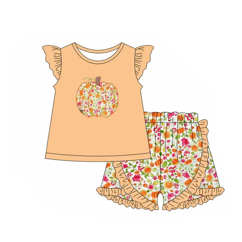 Thanksgiving Fashion Boutique Kids Baby Girls Pumpkin Flutter Sleeve Shirts Floral Tops Bow Shorts Outfits Clothes Boutique Sets