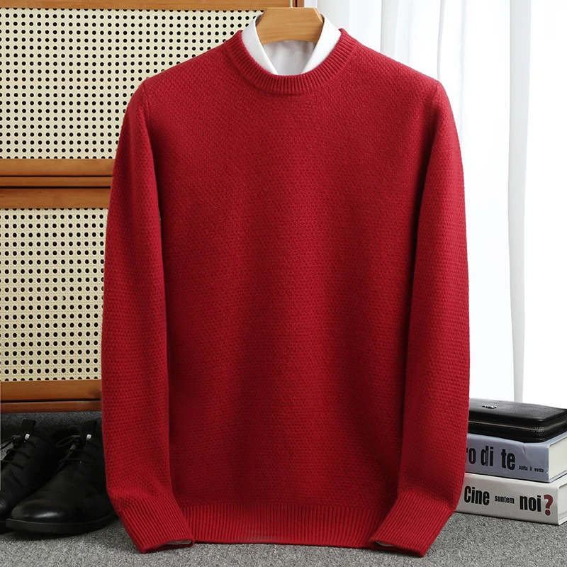 S-xxx autumn and winter new men's O-neck 100% pure wool leisure padded sweater knitted pullover long sleeve cashmere sweater