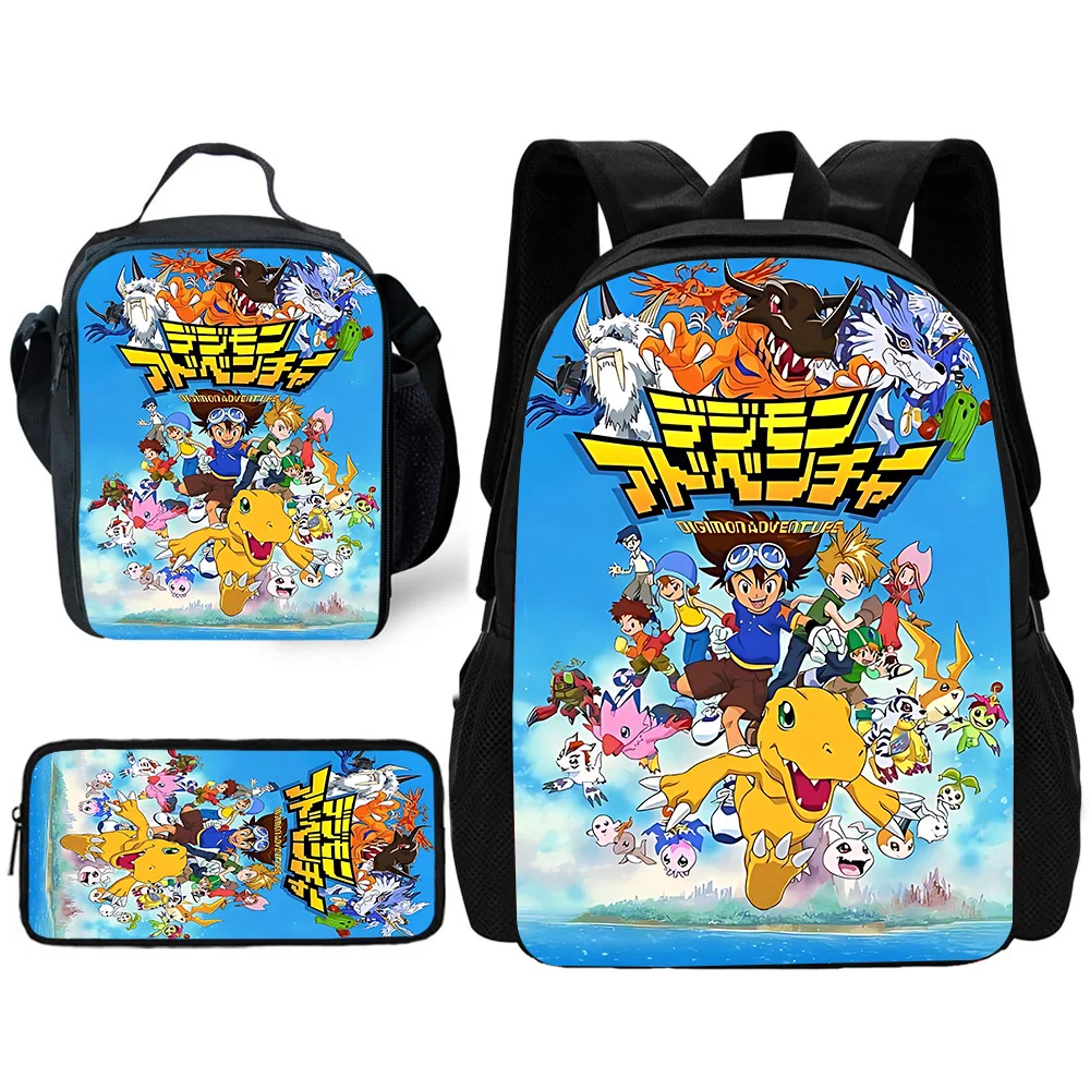 Cartoon Digimon Child School Backpack with Lunch Bags ,Pencil Bags
