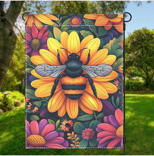 Bee Garden Flag-Double-Sided, Weatherproof, Washable High Quality Burlap 12x18