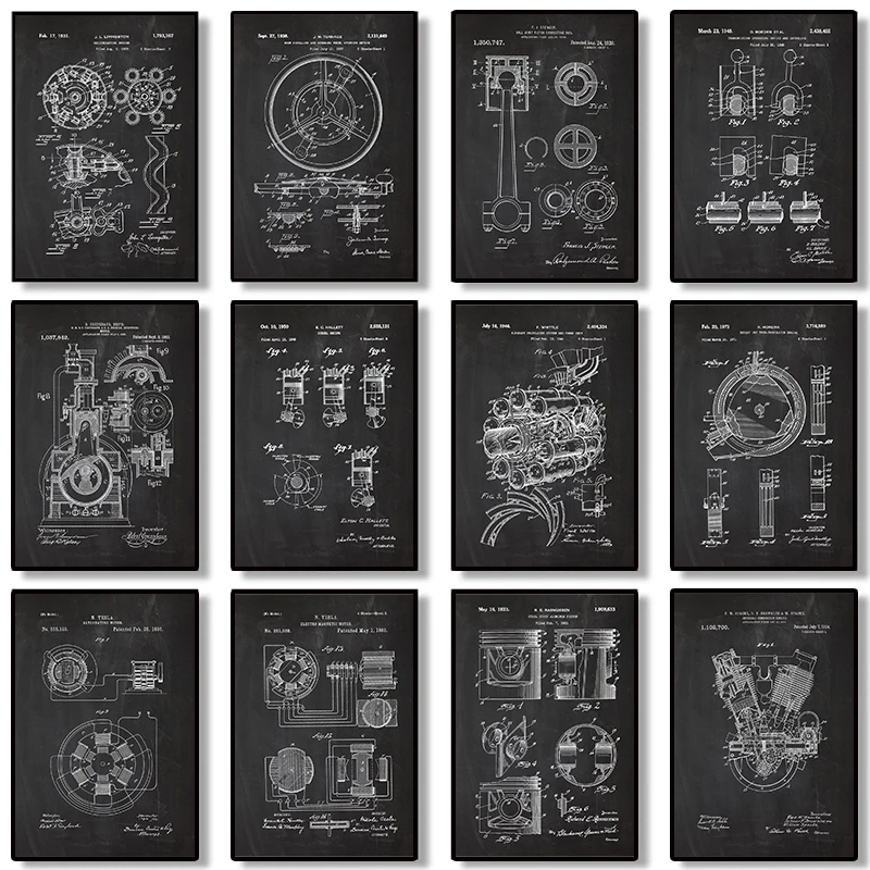 Engine Motor Mechanic Blueprints Vintage Mechanical Enthusiast Wall Art Decor Home Decoration for Living Room Posters Picture