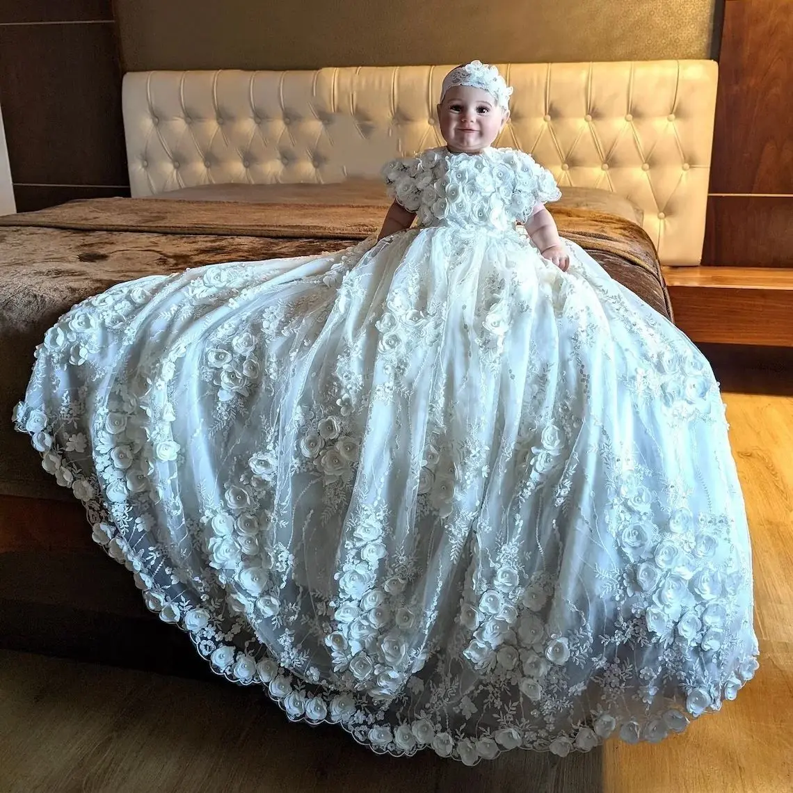 Vestidos de bautizo blancos para bebé, apliques florales de encaje para niñas, bautismo con capó, vestidos de primera comunión de cumpleaños para niños recién nacidos de lujo