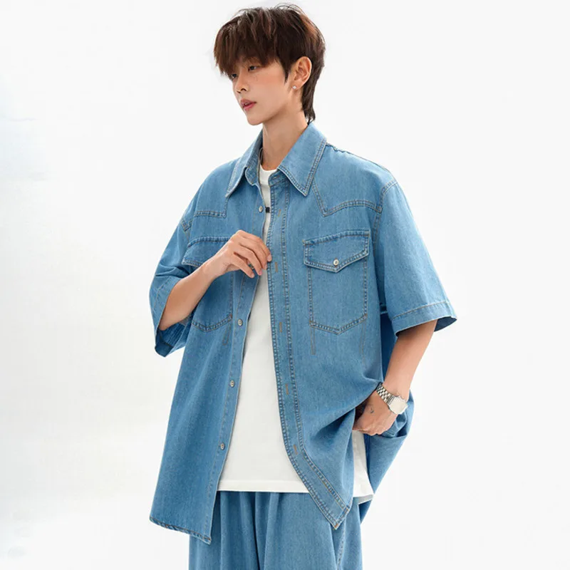 WTHT Fashion Men's Patchwork Pockets Loose Denim Shirts Trendy 2026 Summer Solidcolor Wide Leg Straight Jeans Male 2A3100