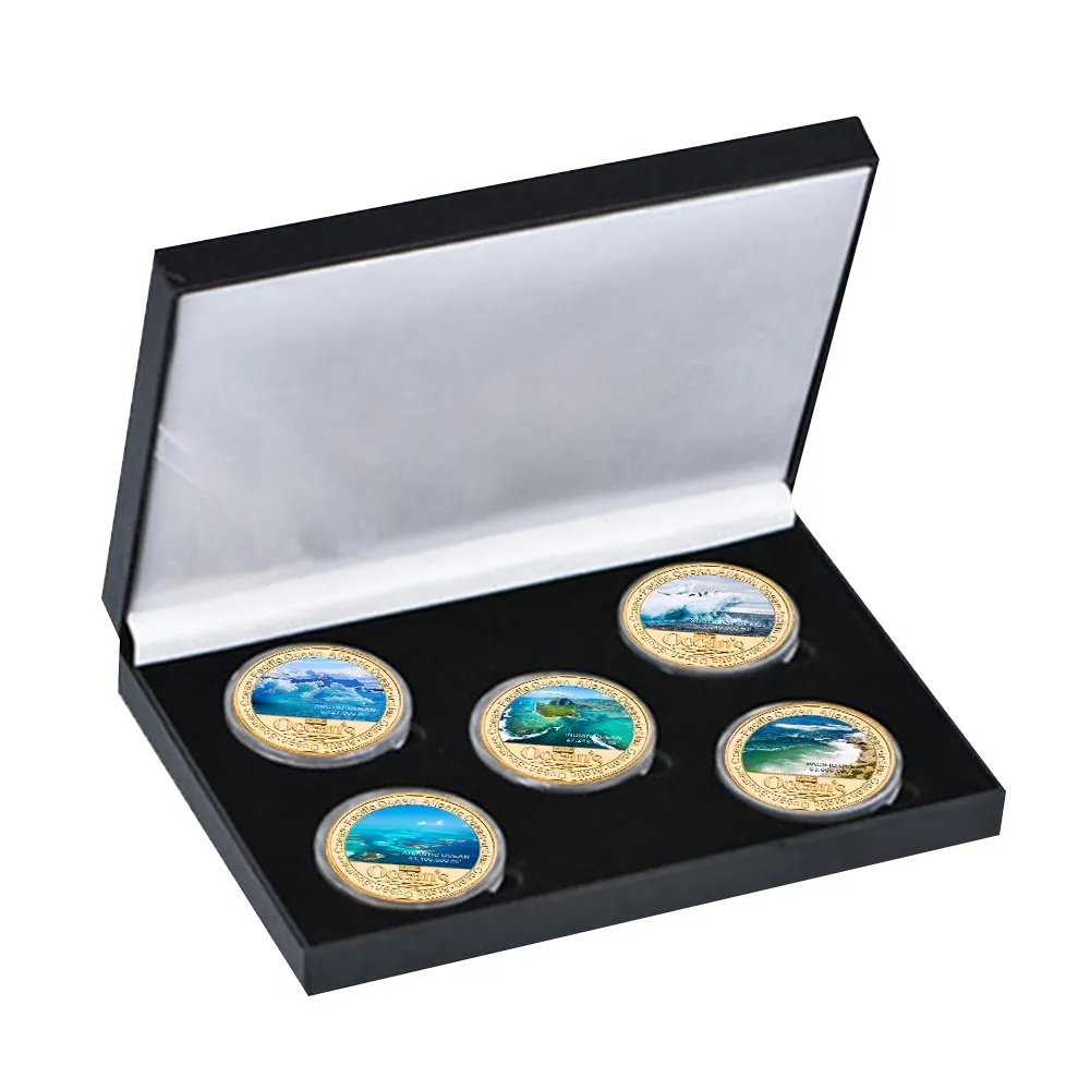 The Five Oceans of The World Commemorative Coins Set Atlantic Ocean, Pacific Ocean Souvenir Coin Christmas Gift for Collection