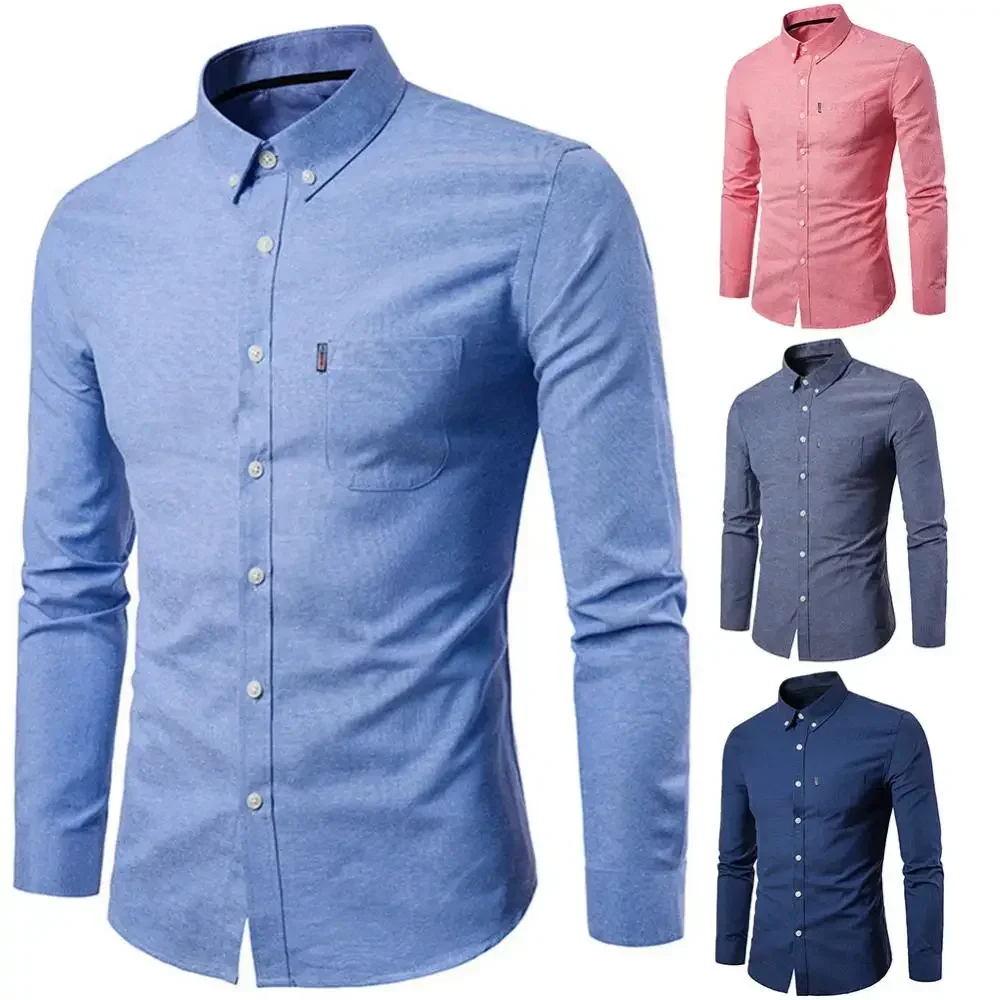 2024 Oxford Quick-Dry No Iron Shirts Men Solid Casual Slim Lapel Collar T-Shirts Long-Sleeve Formal Business Shirts Mens Tops