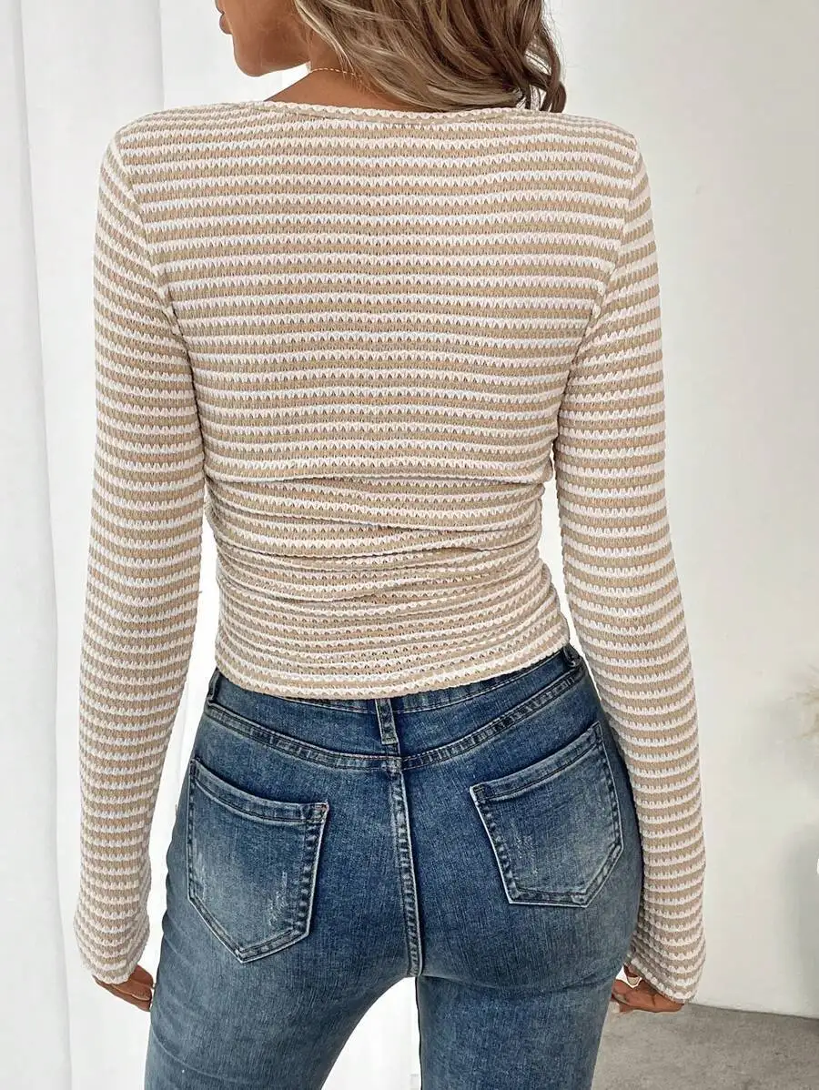 Women T Shirt Square Neck Crop Beige White Striped Slim Fit Top Ribbed Knit Brown White Long Sleeve T-shirt Red White Casual