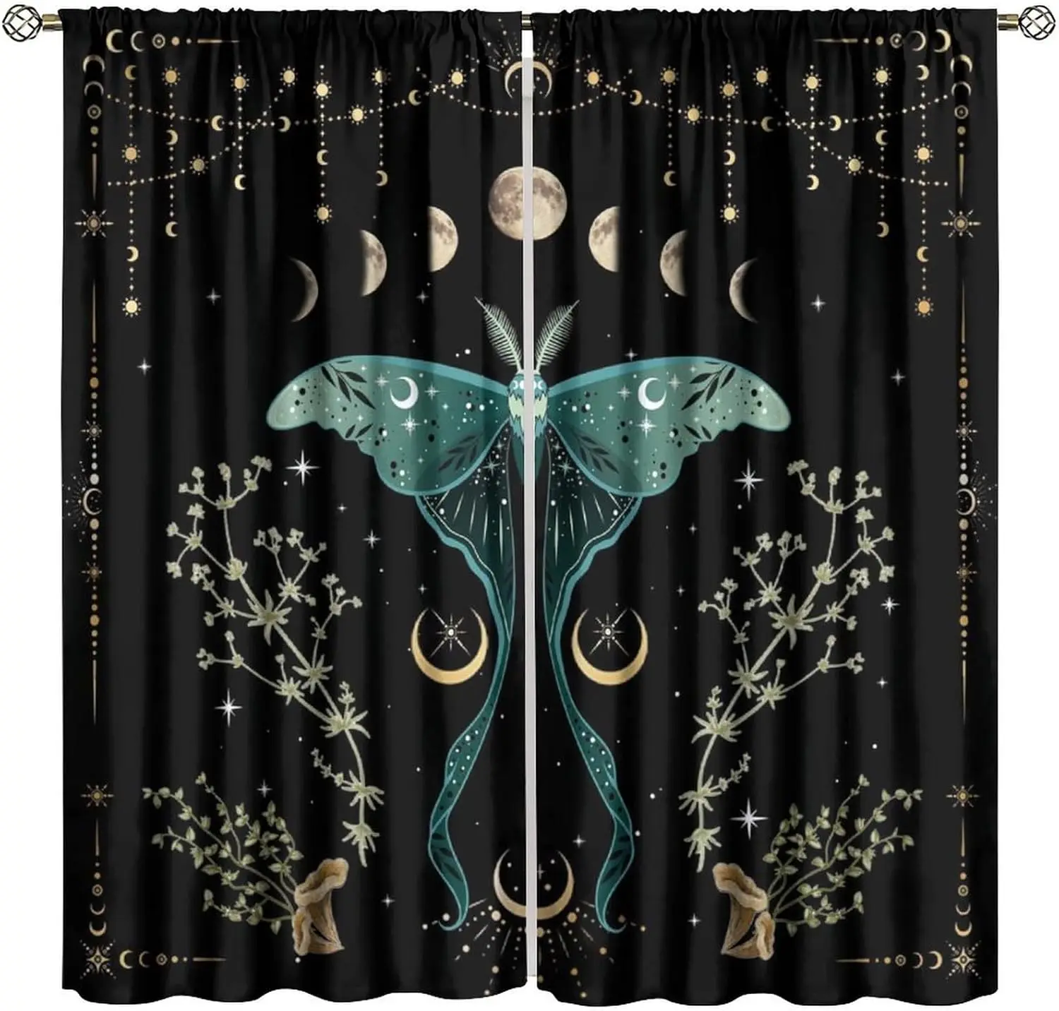 Beautiful Moth Curtain, Moon Phase Plant Mushroom Butterfly Gothic Witchy Celestial Boho Aesthetic Window Curtains