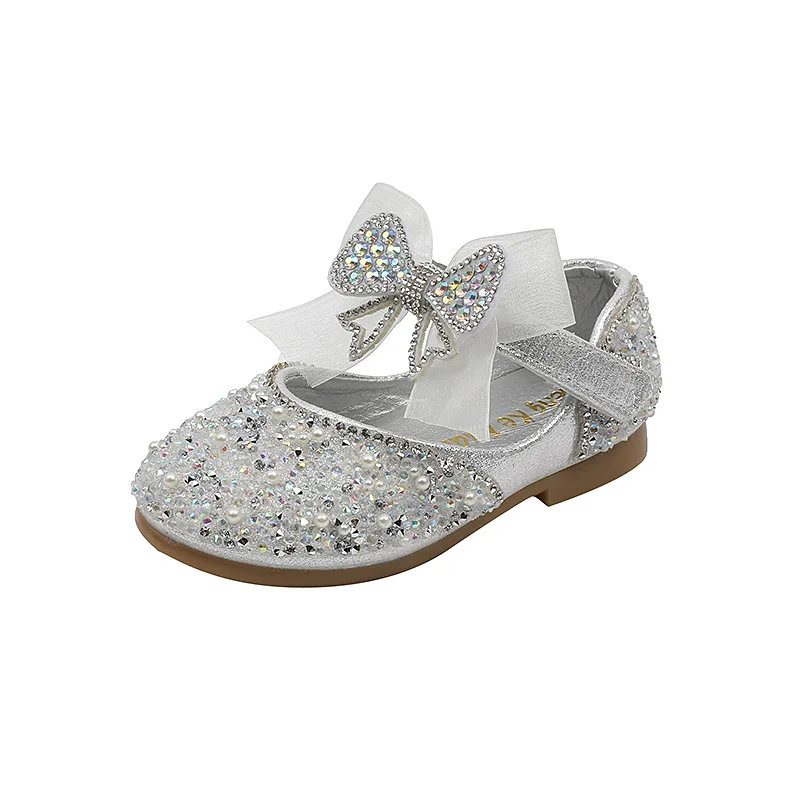 AINYFU New Children\'s Sequined Leather Shoes Girls Princess Rhinestone Bowknot Single Shoes 2024 Fashion Baby Kids Wedding Shoes