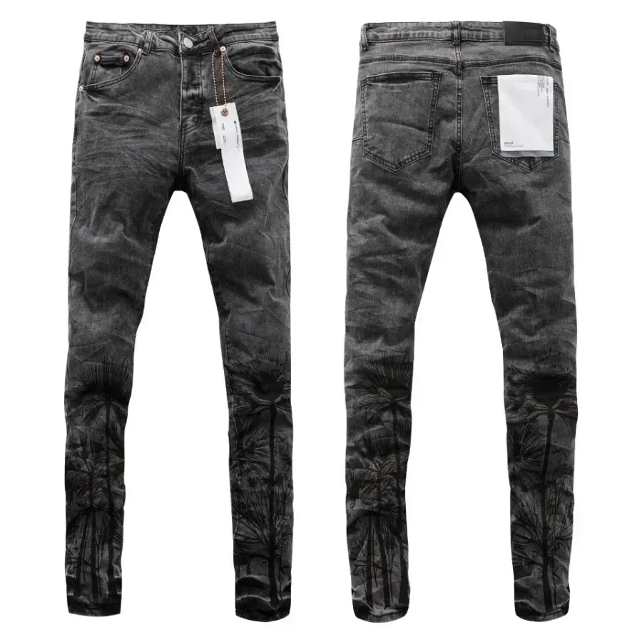 New Fashion 2024 High quality Purples jeans Men Label Tinted Black Repair Low Raise Skinny Denim brand Pants