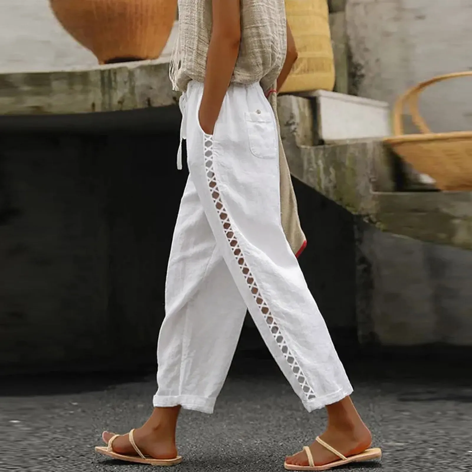 

Women Trousers Casual High Waist Drawstring Capri Pants Cotton Linen Wide Leg Summer Side Hollow Out Cropped Pants Beach Street