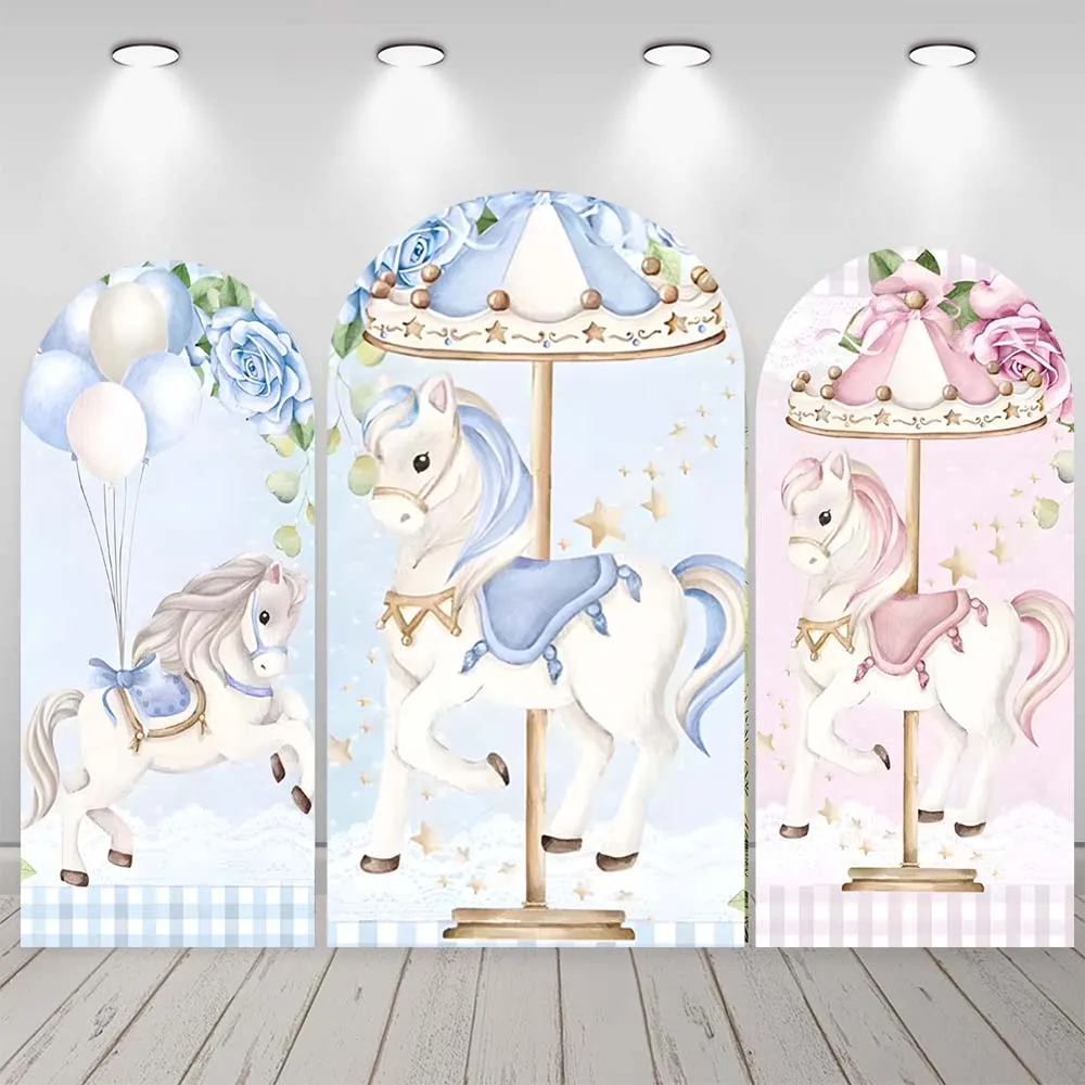 

Cartoon Carousel Rainbow Unicorn Arch Theme Background Children Girls Birthday Party Decorations Baby Shower Photography Props