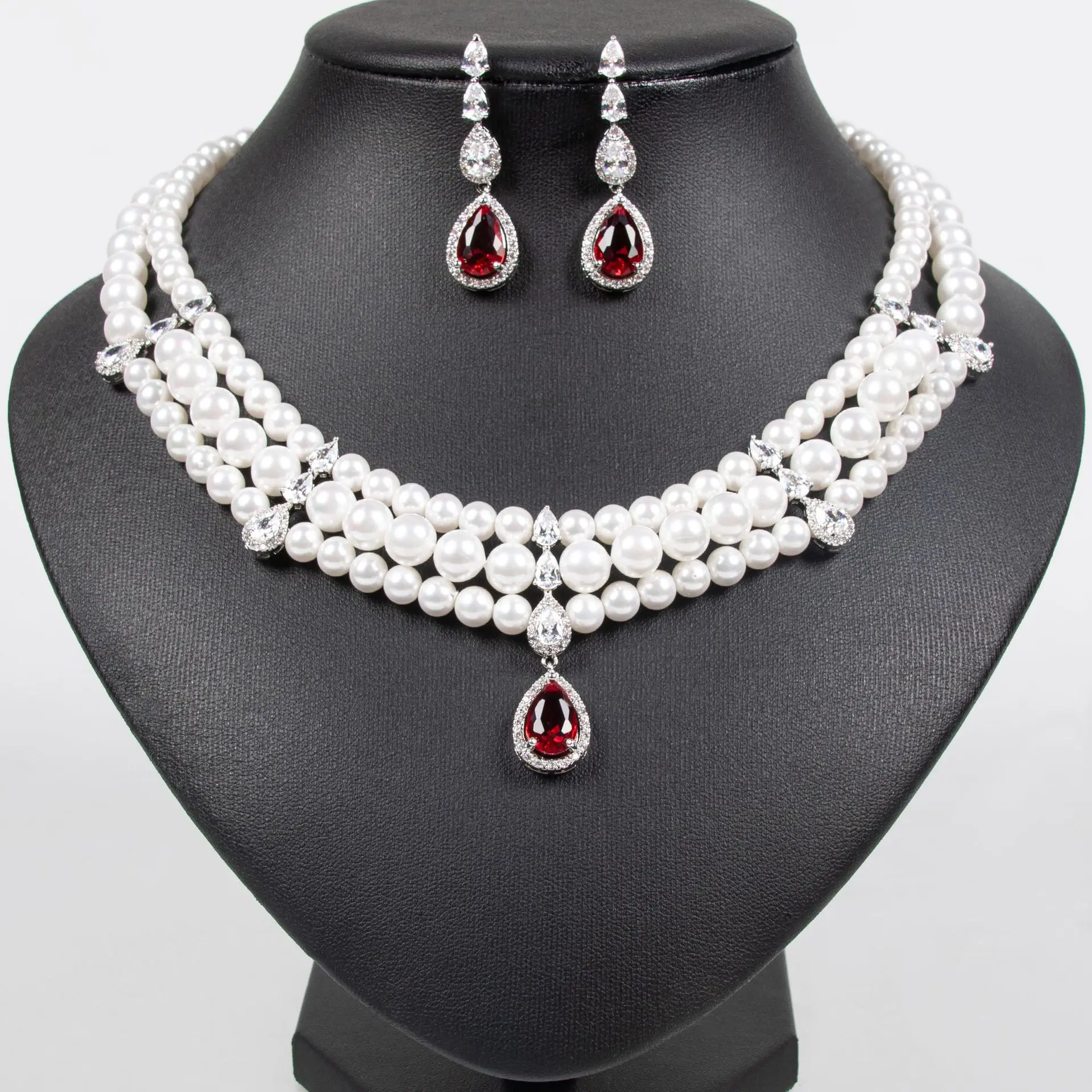 

2 Pcs Light Luxury Multi-Layers Pearls Strong Non-Fading Drops Necklace Earrings Jewellery Set Women Party Gift Wedding M-528
