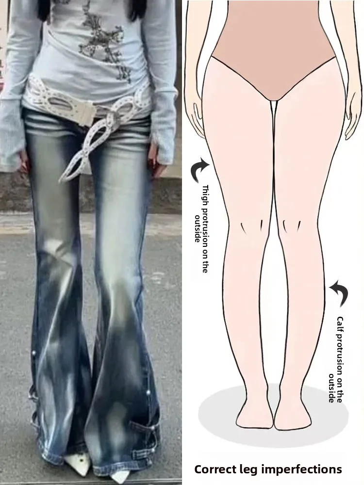 

Джинсы-клеш с высокой талией для женщин, ретро-стиль, с эффектом потертости, длинные брюки в пол для фигуры типа «груша», на все сезоны