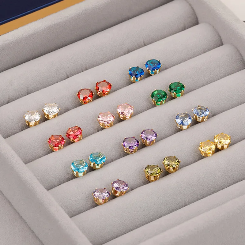 Birthstone Colorful Crystal Stud Earrings,18K Gold Plated Round Cubic Zirconia Screw Earring,Women's Tiny Stackable Ear Ornament