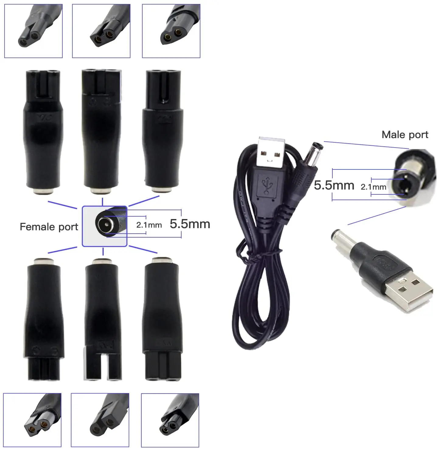 8 pces cabo de alimentação 5v substituição carregador usb adaptador adequado para todos os tipos de clippers de cabelo elétrico