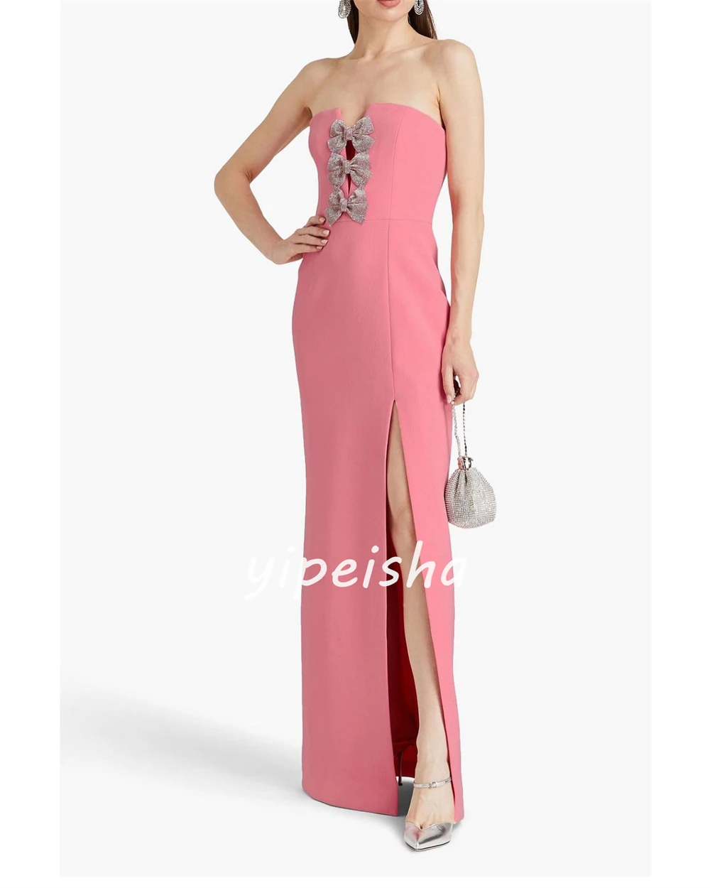 Jersey Bow Valentine's Day A-line Strapless Bespoke Occasion Gown Long Dresses