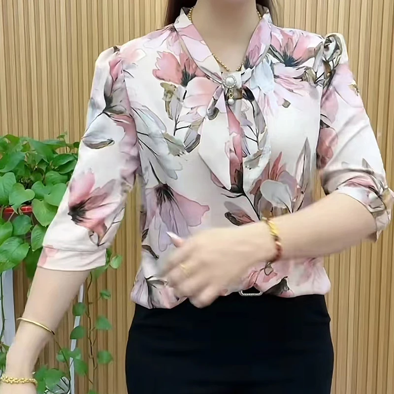 New Lady Casual Half Sleeve Bow Tie Collar Printed Blouses Tops Women Spring Summer Style Chiffon Blouses Shirts