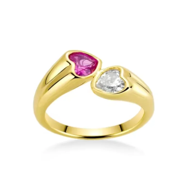 Bellux 925 Silver Yellow K Gold Plated Synthetic Zircon Rings Double Stone Pink Peach Heart Open Ring