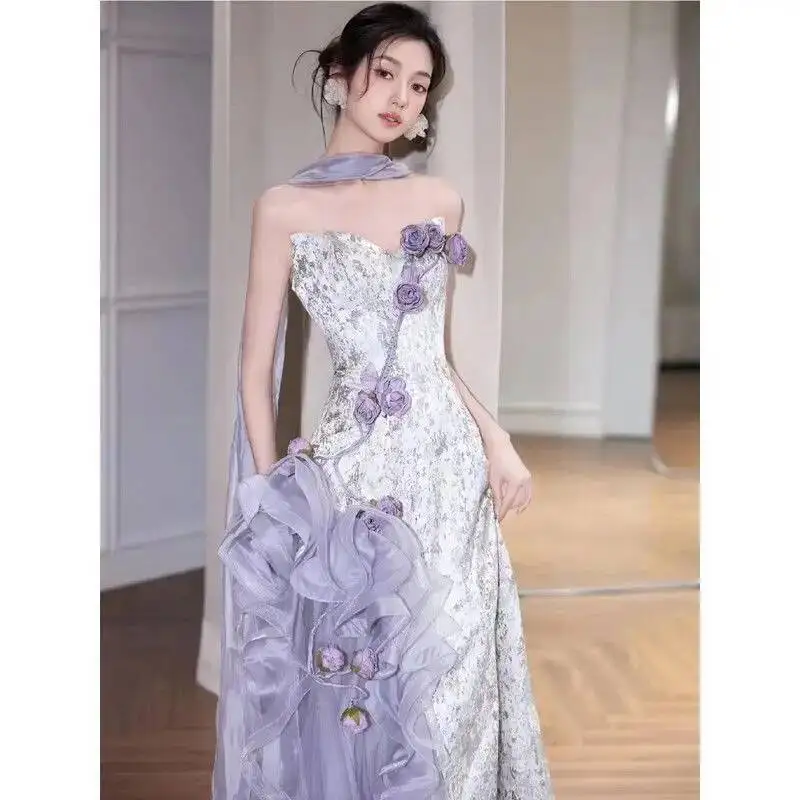 Woman's Purple Strapless Robe Ultra Fairy Design Wedding Bridal Engagement Dress Toasting Dress Annual Meeting Host Dress
