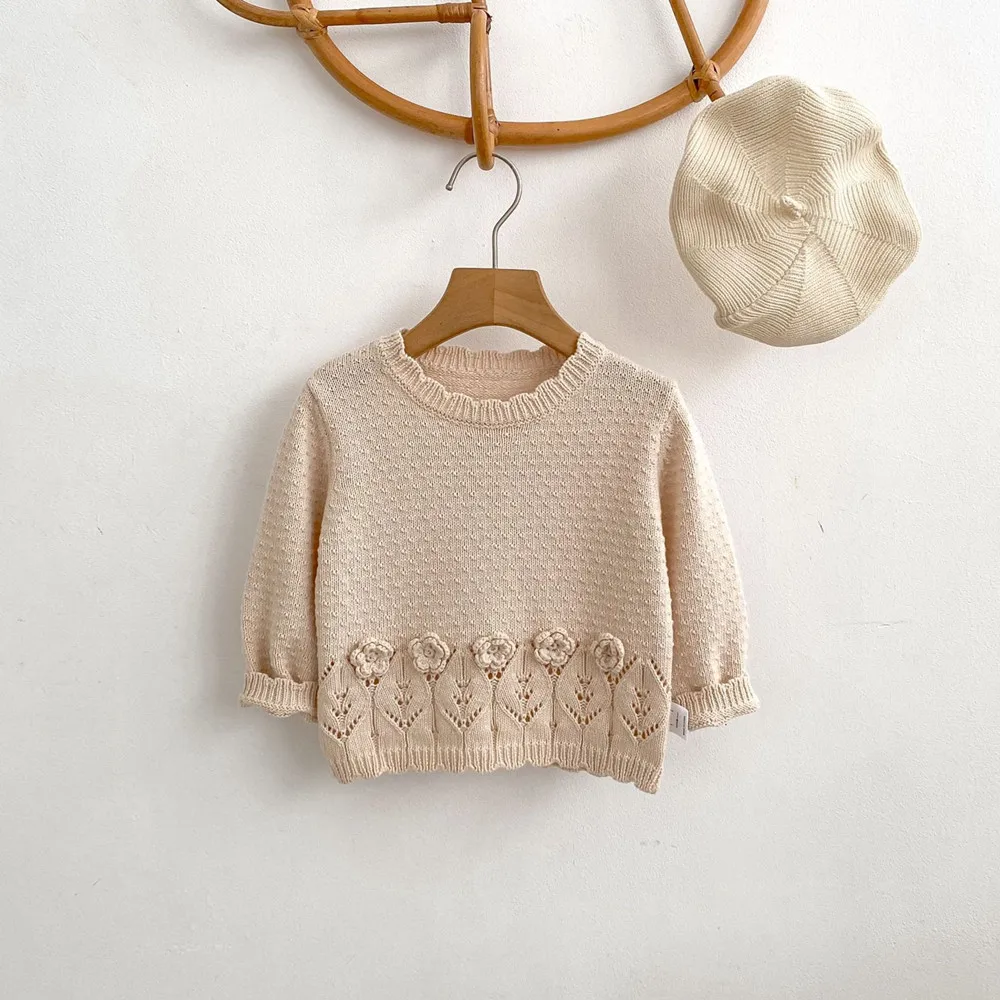 Autumn baby sweater knitted pullover baby girl clotheshollowed-out Hook woven flower vintage sweater