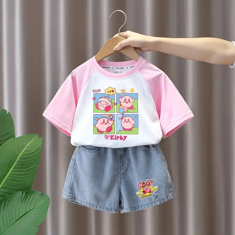 Kirby for Girls Summer Cotton Suit Foreign Style Thin Middle Children's Denim Shorts Short Sleeves Comfortable Two-piece Set