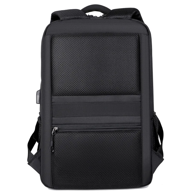 Black business laptop backpack with mesh back panel multi zippered pockets water resistant fabric suitable for office commute