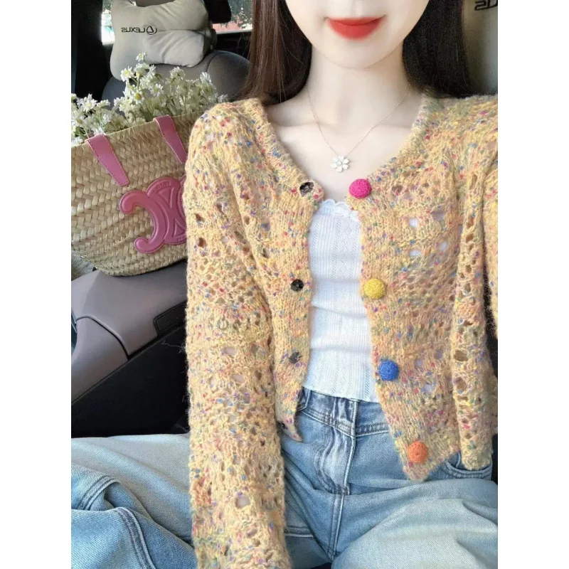 

French Style Hollow Knitted Cardigan Top Women 2025 Spring Short Sweater Casual Slimming Long Sleeve Coats