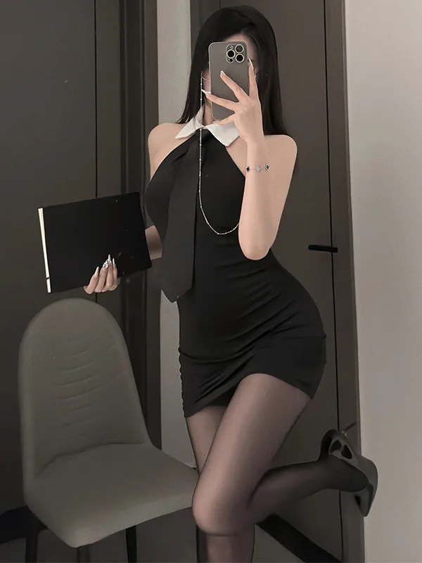 2024 New French Style Sexy Lapel Backless Secretary Uniform Women Pure Desire Cinching Waist Slim Wrap Hip Short Dress NKJI