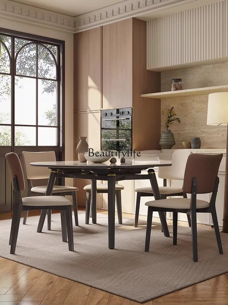 Solid wood dining table Modern simple light luxury retractable square and round dual-purpose rock slab dining table