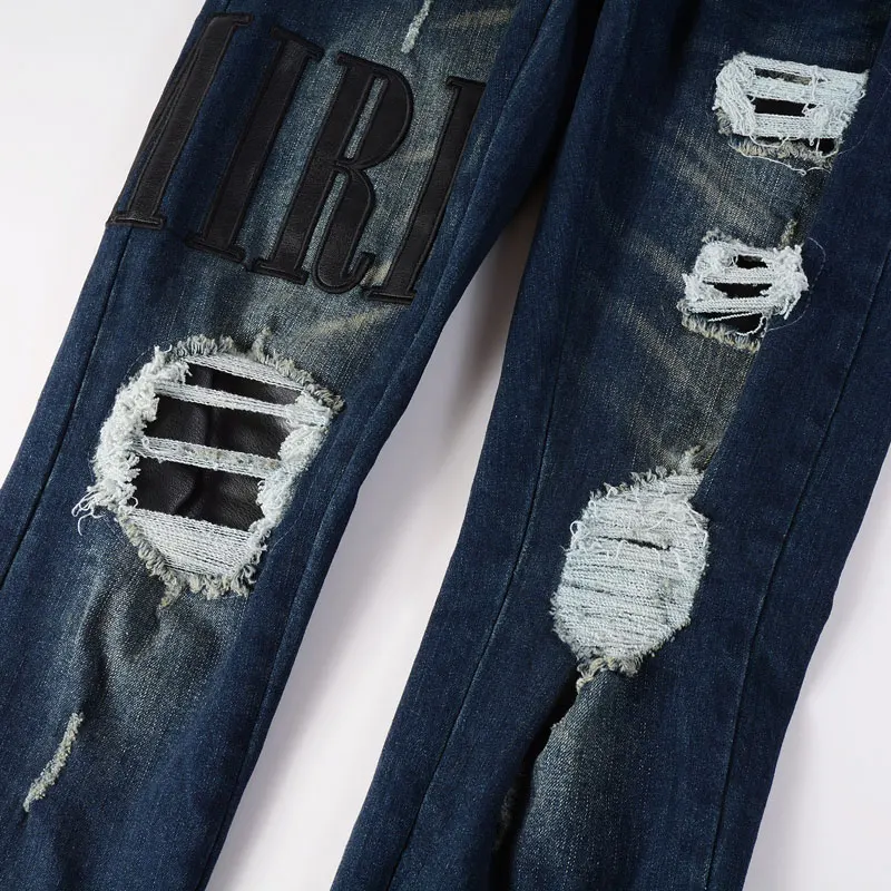 Street Fashion Men's Jeans High Quality Retro Dark Blue Elastic Slim Fit Split Jeans Men's Leather Patches Latest Designer Hip H