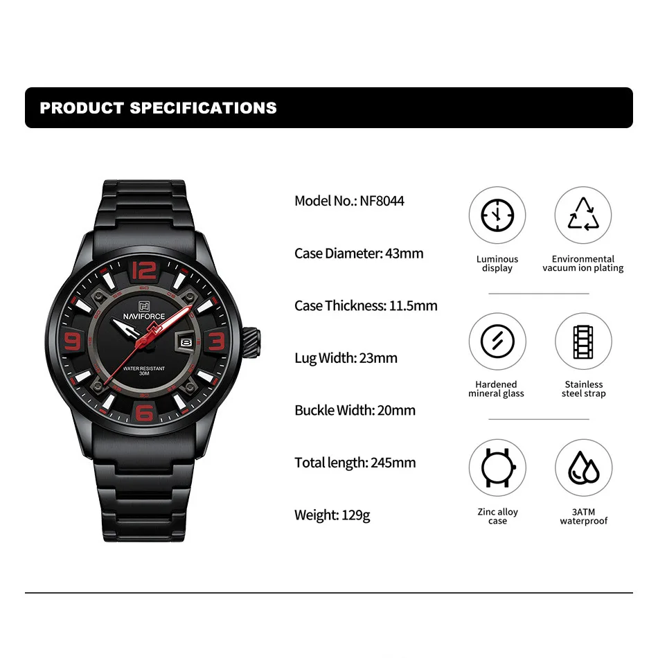 NAVIFORCE Brand Men Watch Luxury Stainless Steel Strap Waterproof Quartz Wristwatch Sport Date Luminous Clock Relogio Masculino