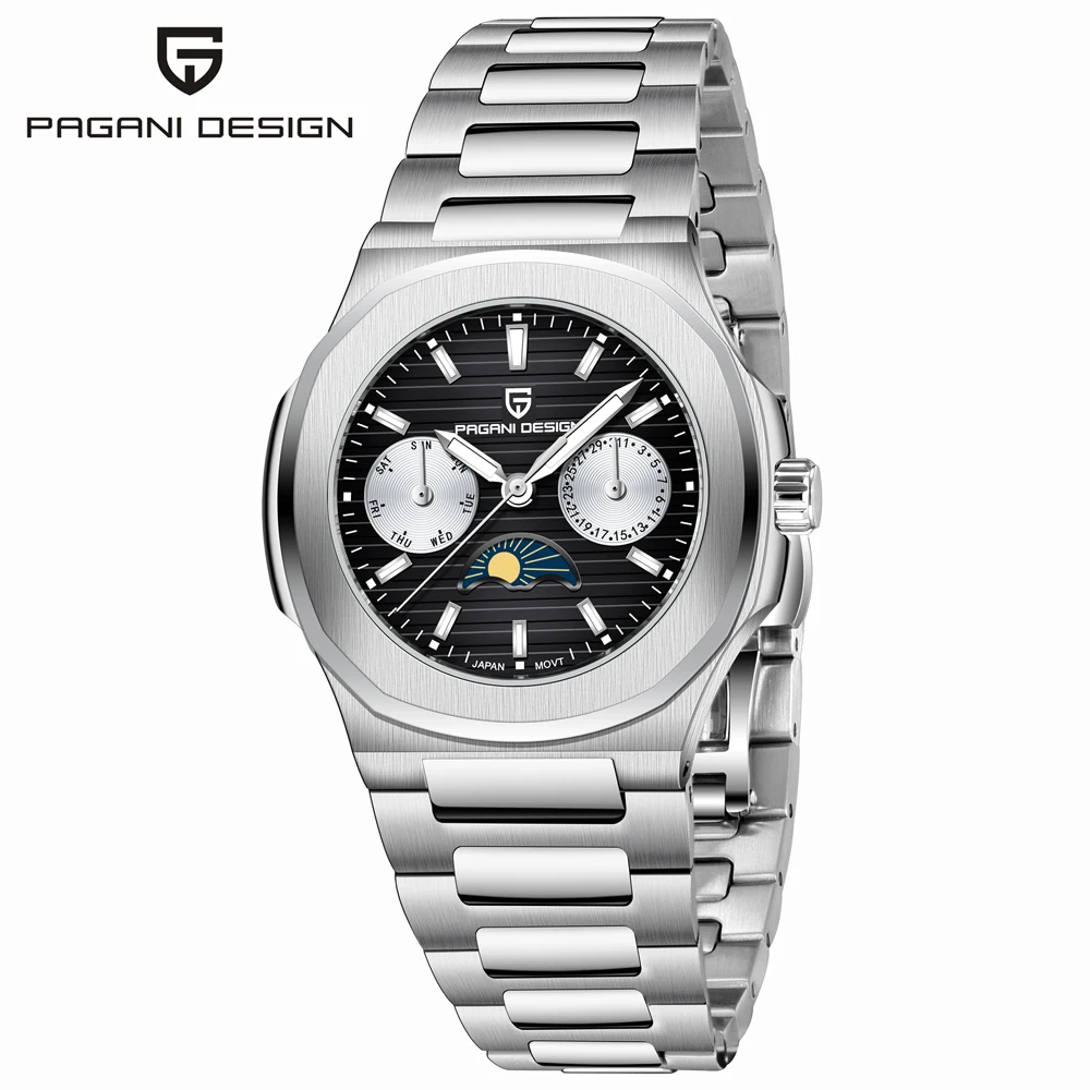 

Часы PAGANI DESIGN, новые роскошные кварцевые часы с фазами луны для мужчин, календарь, светящиеся стрелки, нержавеющая сталь, сапфировое стекло, мужские часы
