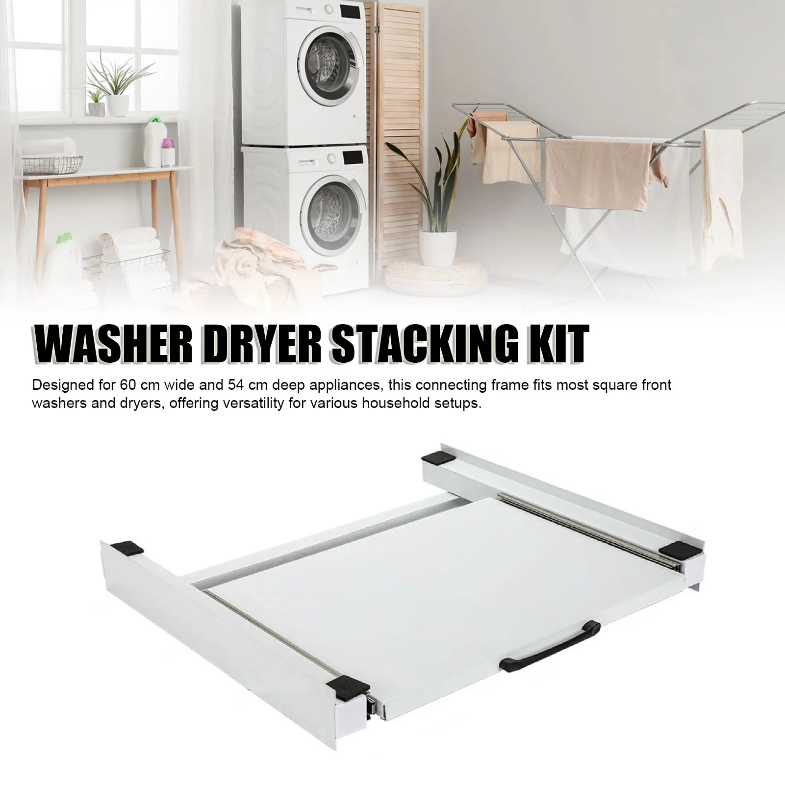 Stapelset voor wasmachine en droger, metalen verbindingsframe met uittrekbare plank voor wasmachines en drogers, 60 cm breed.