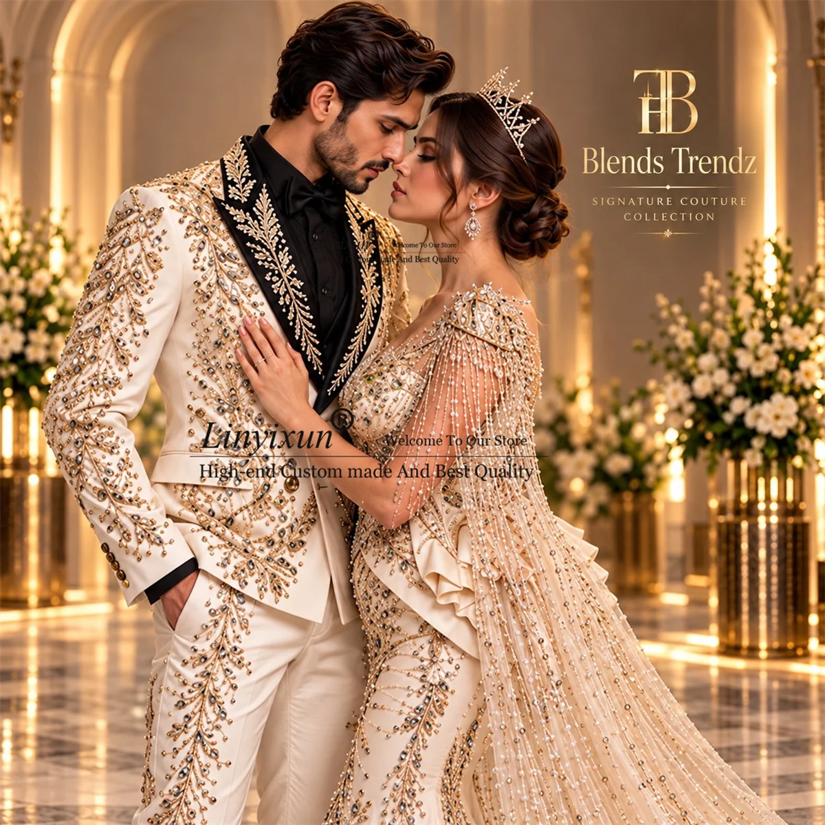 High End Jewelry Diamond Men Suits Customized Peaked Lapel Slim Fit Groom Male Blazers 2 Piece Sets Wedding Tuxedos ropa hombre