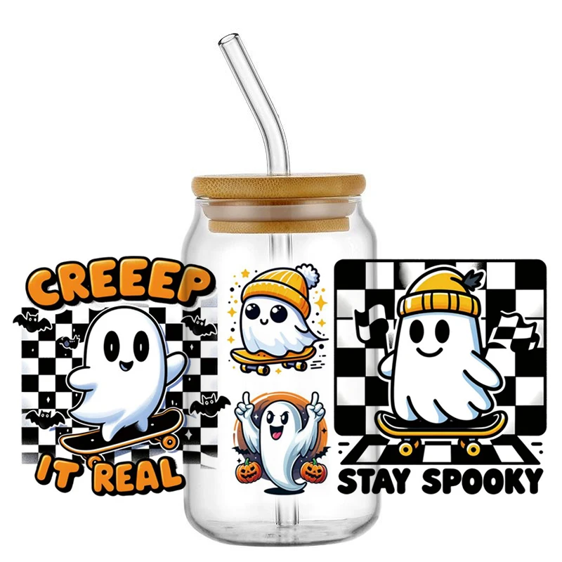 Miniso 3D Waterproof Transfer Stickers Halloween Cartoon Ghost Decals UV Printing DTF Cup Wrap For 160Z libbey Can