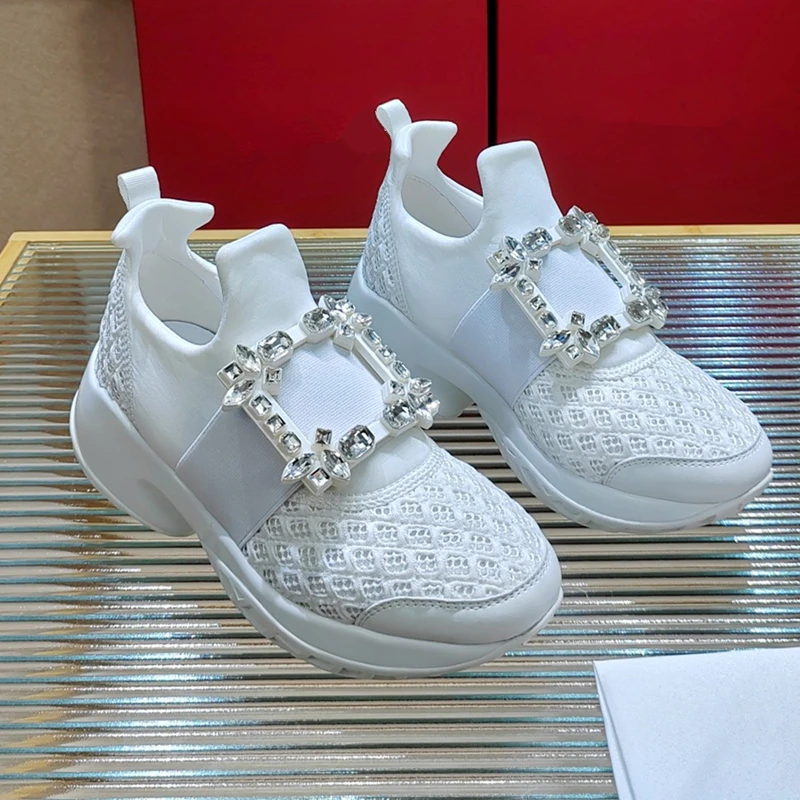 Thick sole satin luxury rhinestones square buckle casual platform light women's shoes running shoes 7CM   34-42